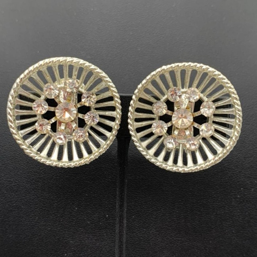 Vintage sunburst‎ silver tone rhinestone clip on earrings